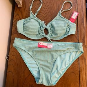 NWT Two Piece Blue and Grey Striped Bikini Set Size Large